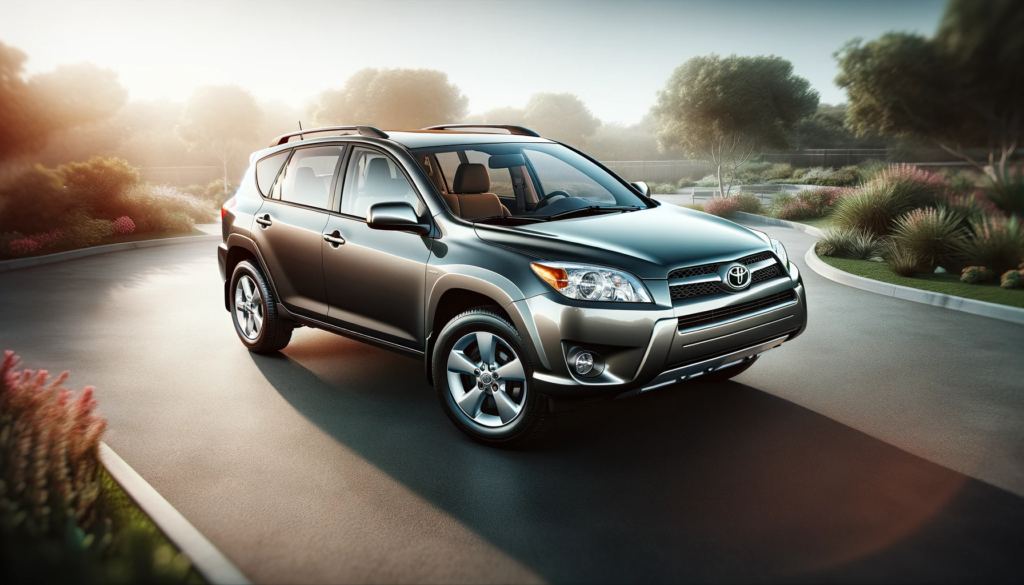 2008-2012 Toyota RAV4 in a dynamic angled view against a natural outdoor setting, highlighting its shiny finish and compact SUV structure.