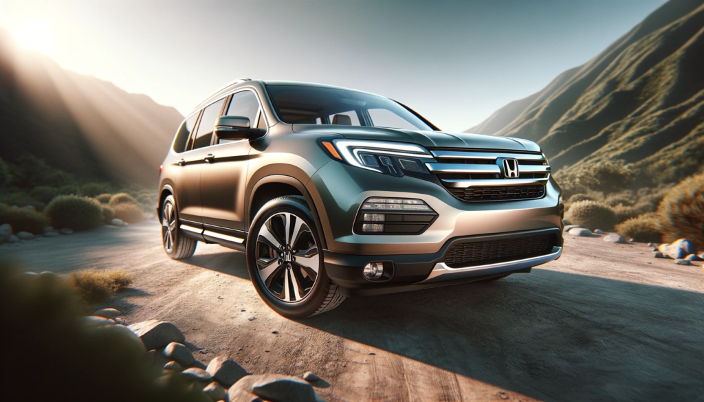 2009-2015 Honda Pilot in a dynamic angled view against a natural mountainous or forested background, showcasing its glossy finish and sturdy design.