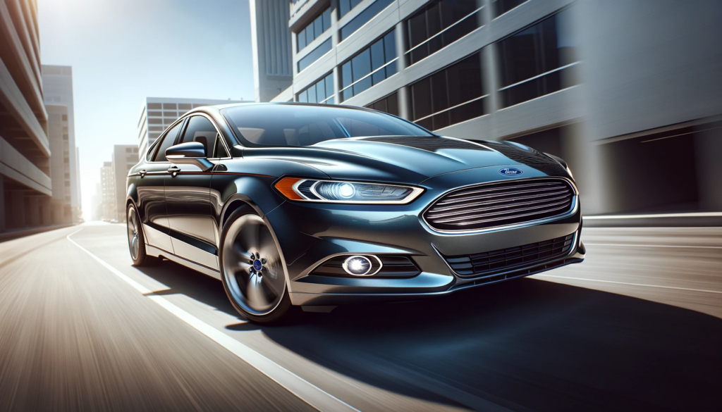 2010-2012 Ford Fusion in a dynamic angled view against an urban setting, showcasing its glossy finish and aerodynamic structure.