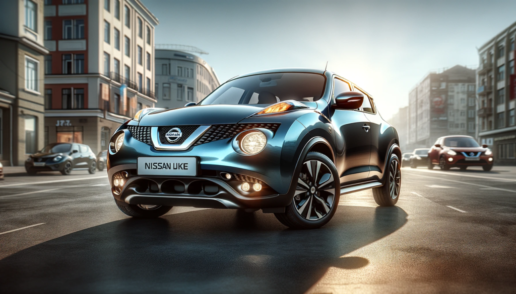 2011-2015 Nissan Juke in a dynamic angled view against an urban background, showcasing its glossy finish and distinctive compact crossover design.