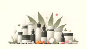 Illustration of various CBD products including oils, capsules, gummies, and topical creams, with natural elements indicating safety and organic nature.